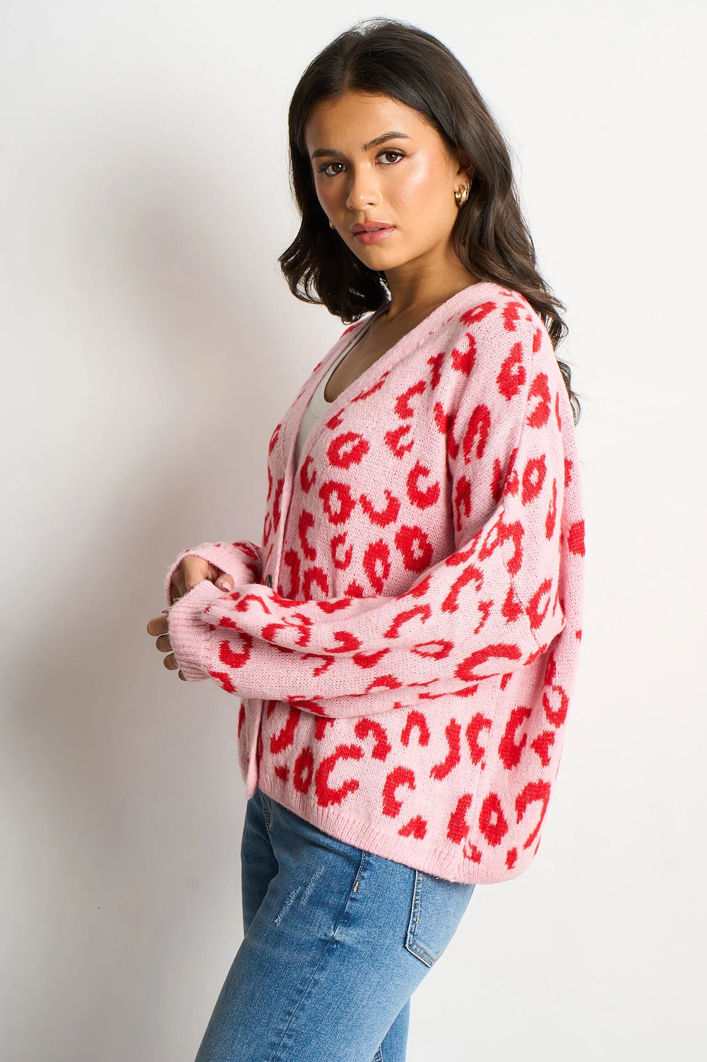 Miss Short hair Leopard Print Italian Wool Blend Cardigan in Pink/Red
