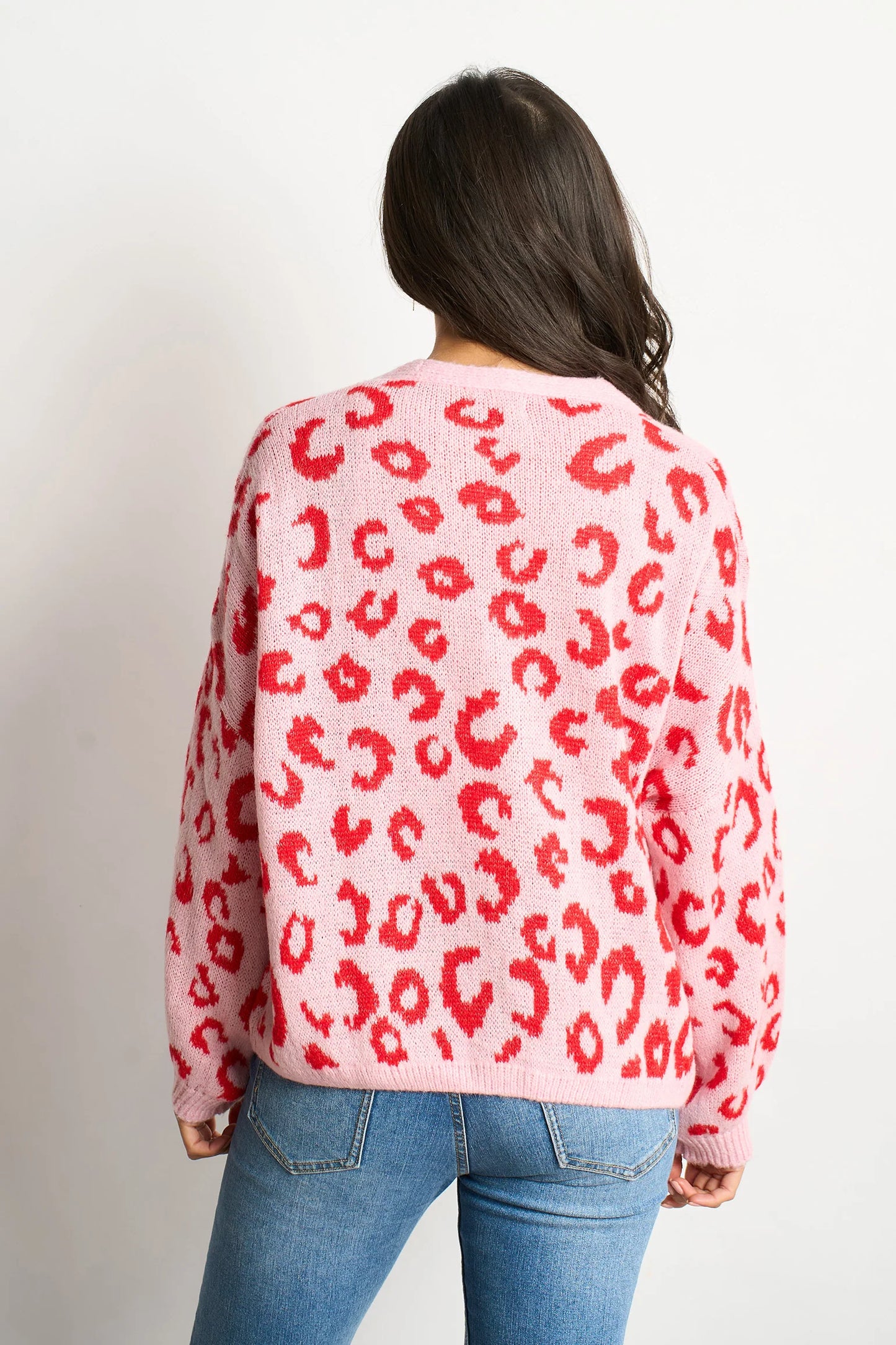 Miss Short hair Leopard Print Italian Wool Blend Cardigan in Pink/Red