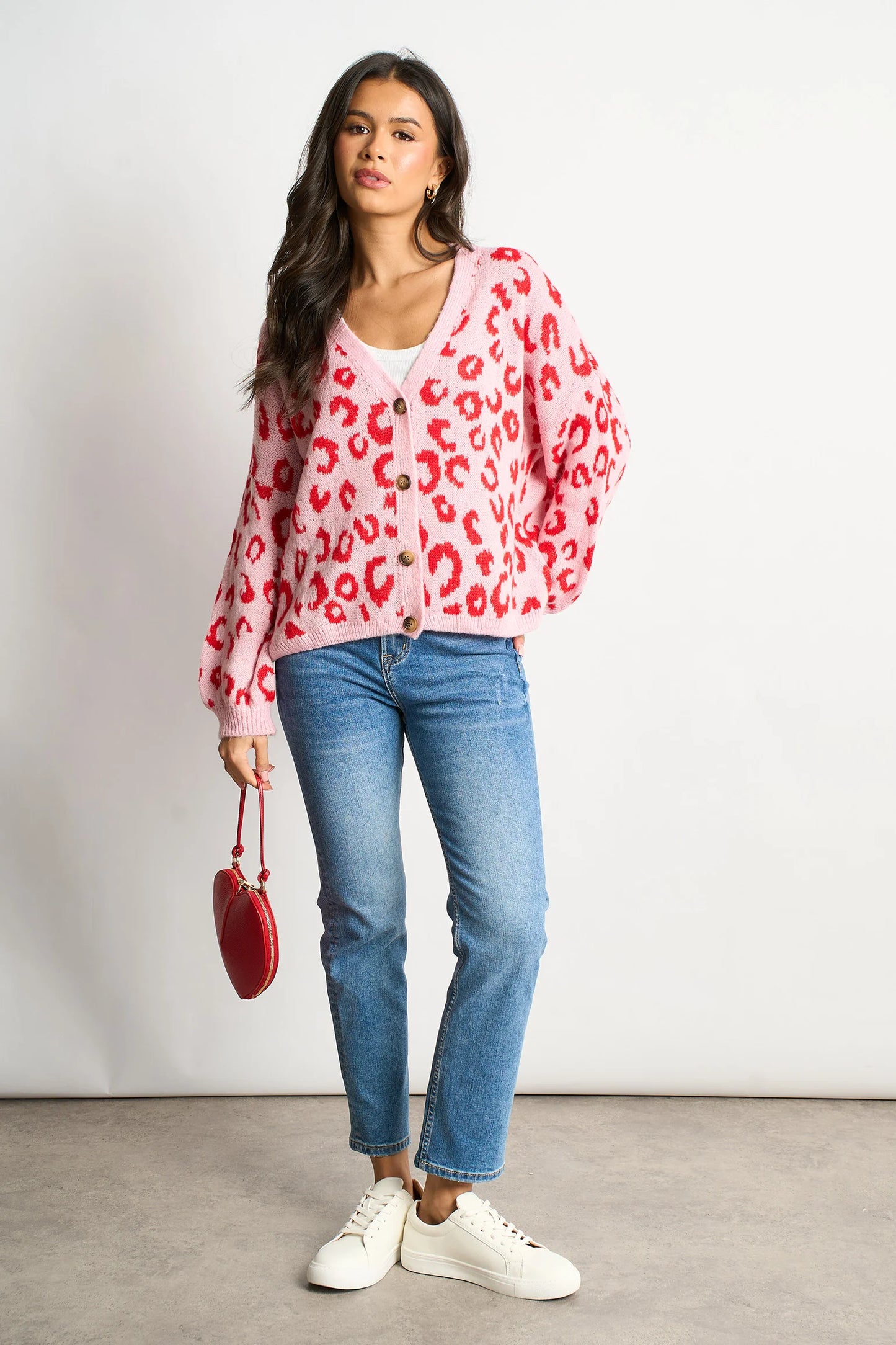 Miss Short hair Leopard Print Italian Wool Blend Cardigan in Pink/Red
