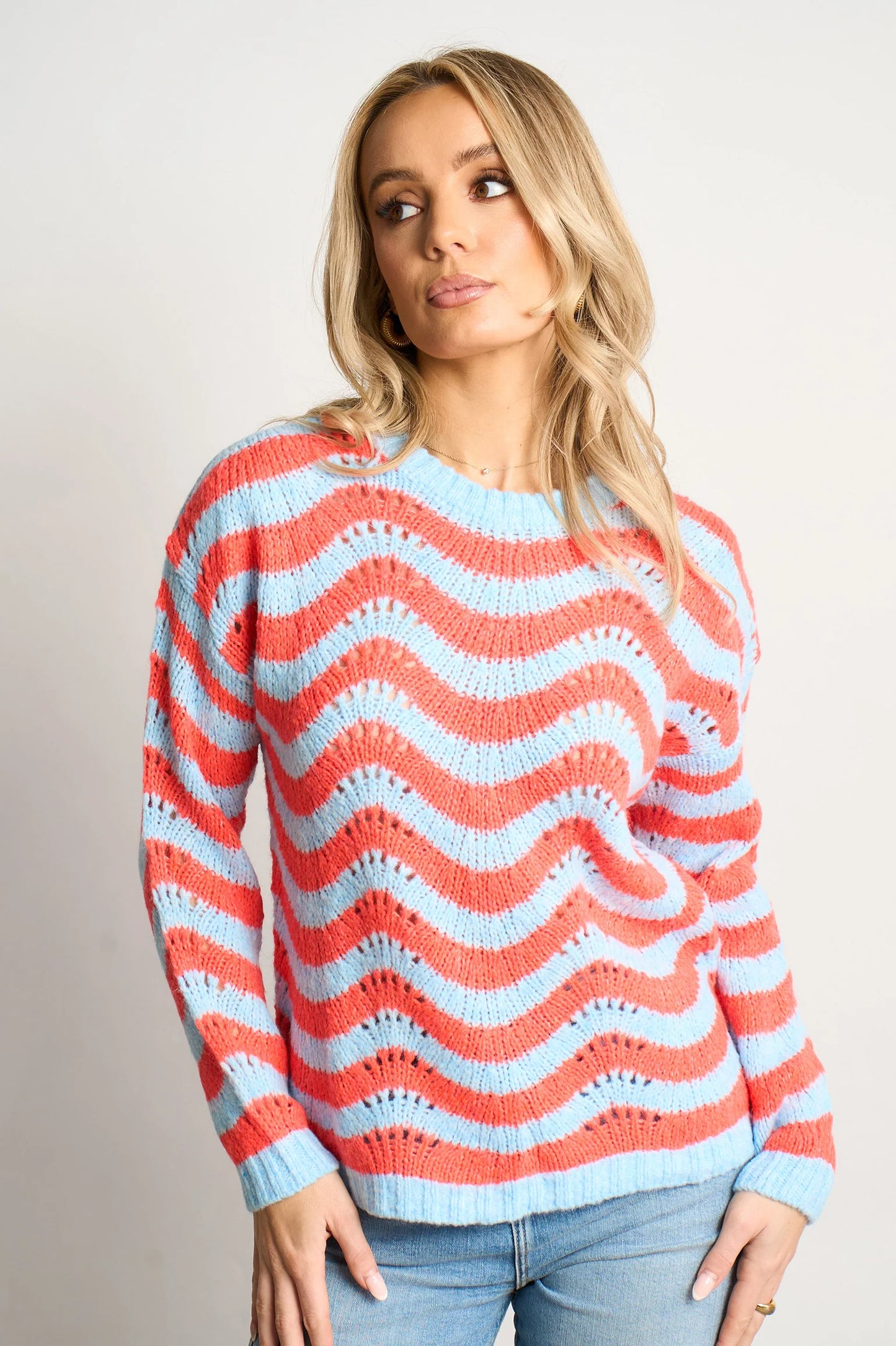 Miss short hair Wave Stripe Scalloped Italian Wool Blend Jumper in Blue/Coral