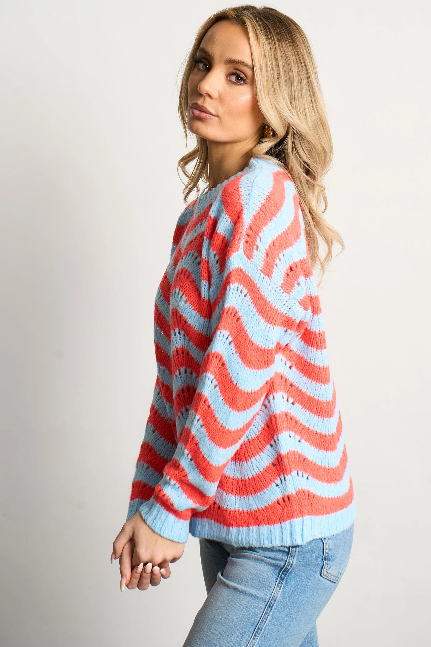 Miss short hair Wave Stripe Scalloped Italian Wool Blend Jumper in Blue/Coral