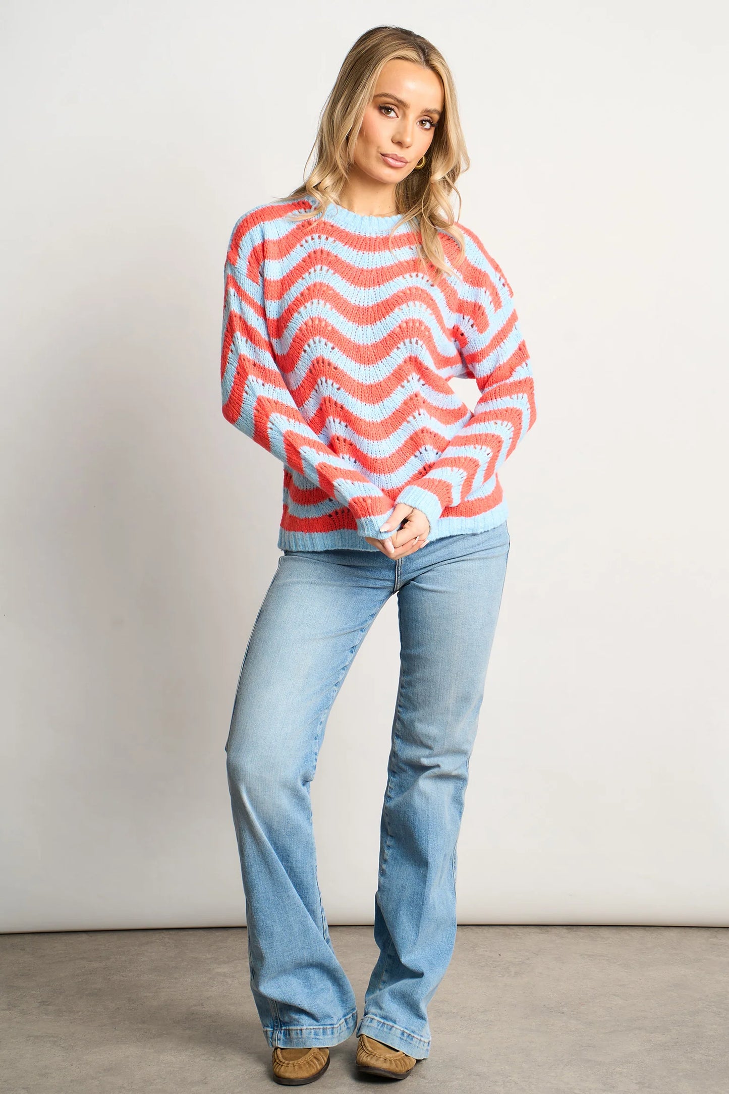 Miss short hair Wave Stripe Scalloped Italian Wool Blend Jumper in Blue/Coral