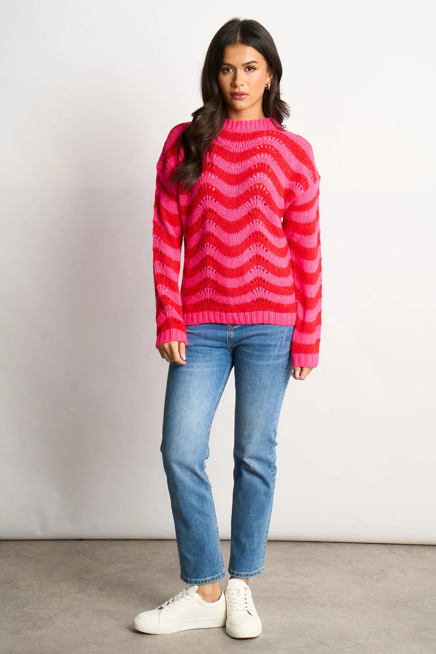 Miss Short hair Wave Stripe Scalloped Italian Wool Blend Jumper in Pink/Red