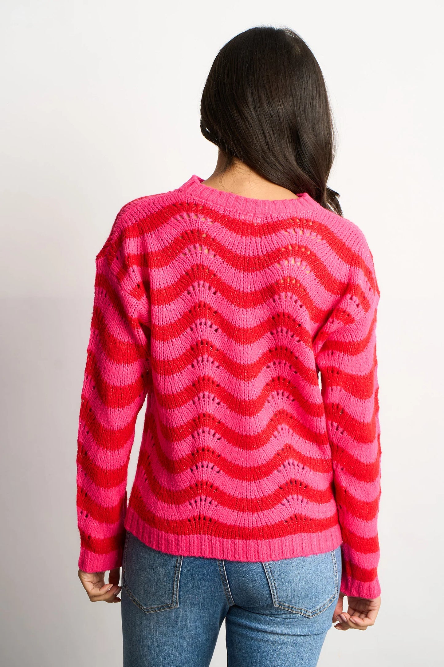Miss Short hair Wave Stripe Scalloped Italian Wool Blend Jumper in Pink/Red
