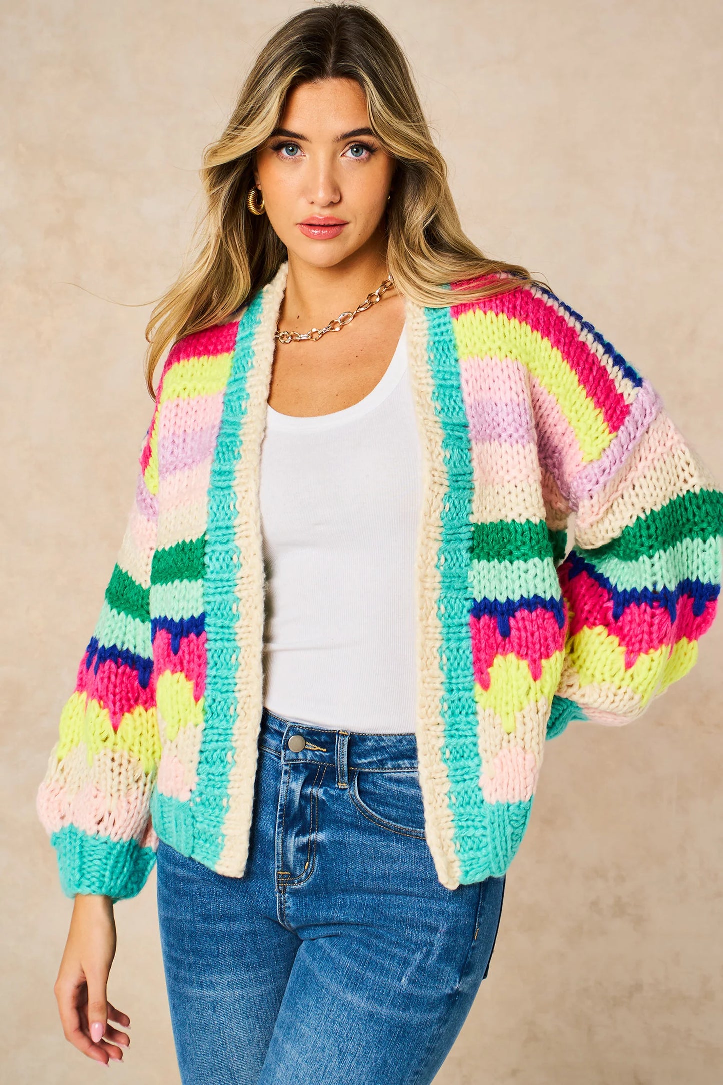 Miss short hair Hand Knitted Rainbow Striped Cardigan in Multi