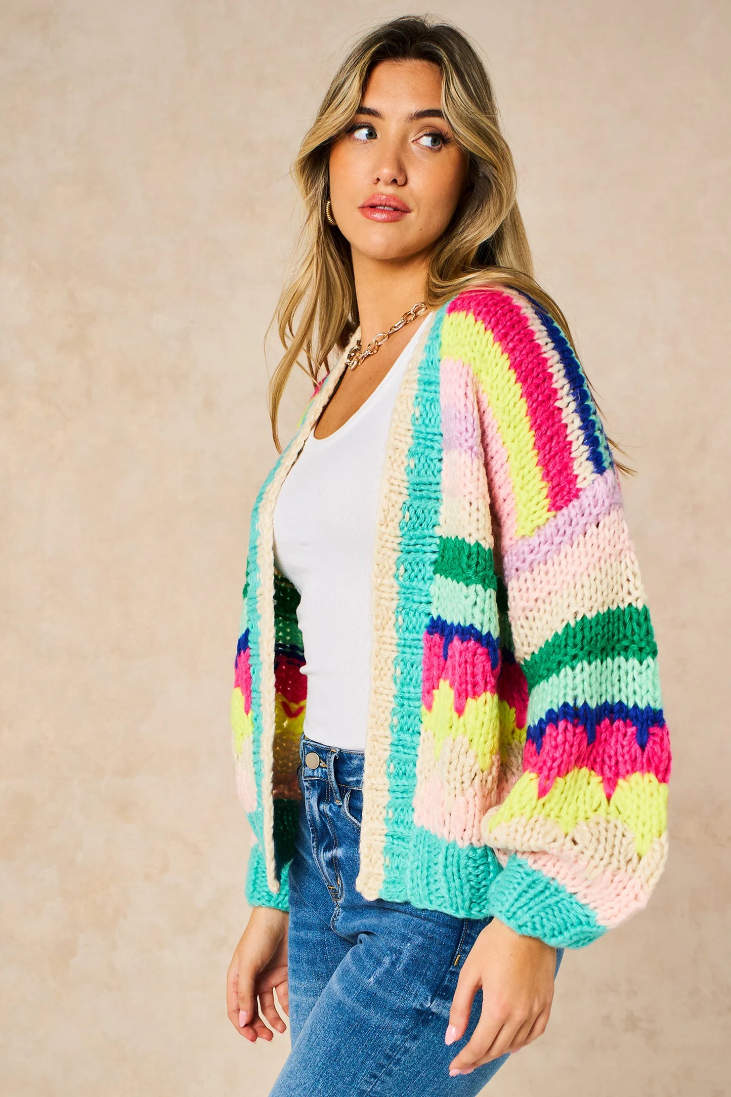 Miss short hair Hand Knitted Rainbow Striped Cardigan in Multi