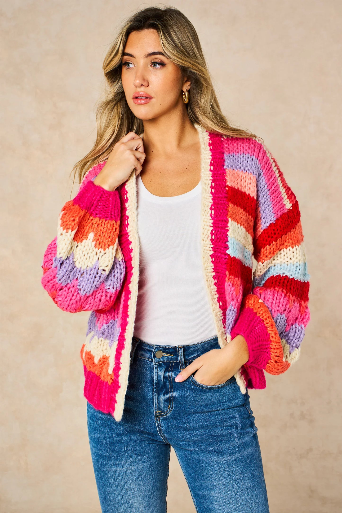 Miss Short hair Hand Knitted Rainbow Striped Cardigan in Red/Pink