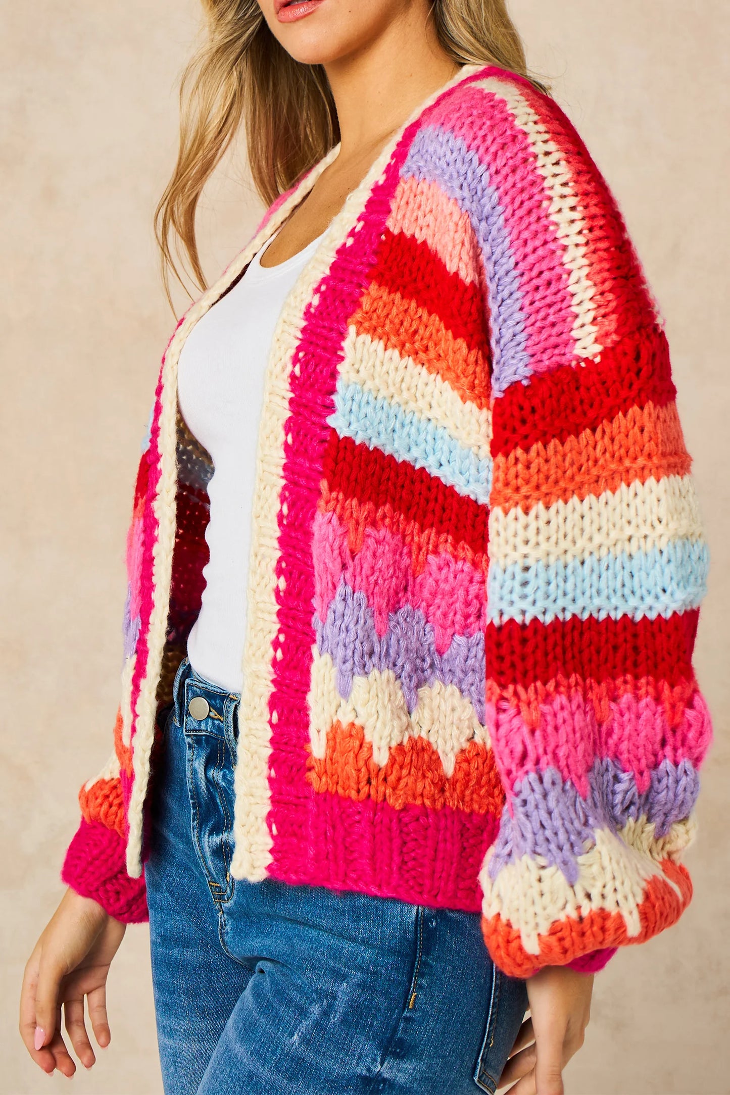 Miss Short hair Hand Knitted Rainbow Striped Cardigan in Red/Pink