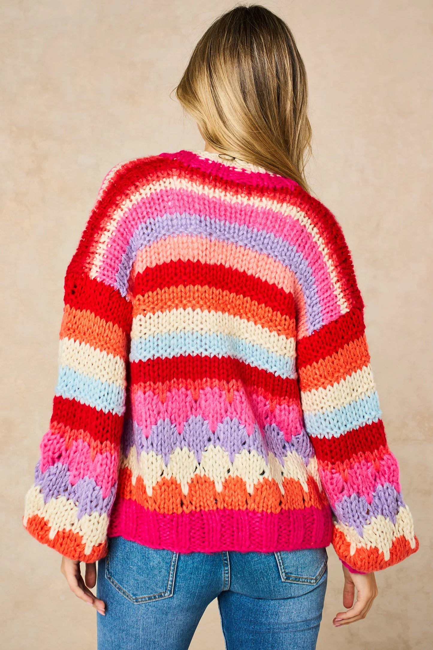 Miss Short hair Hand Knitted Rainbow Striped Cardigan in Red/Pink
