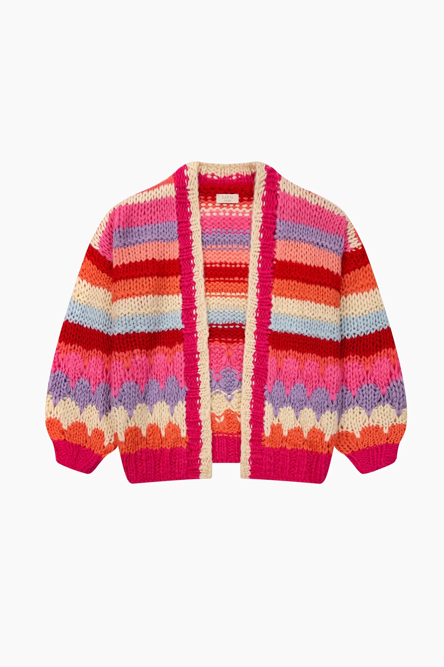 Miss Short hair Hand Knitted Rainbow Striped Cardigan in Red/Pink