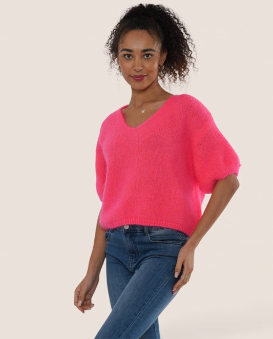 Italian collection Extra fluffy mohair v-neck jumper - neon coral