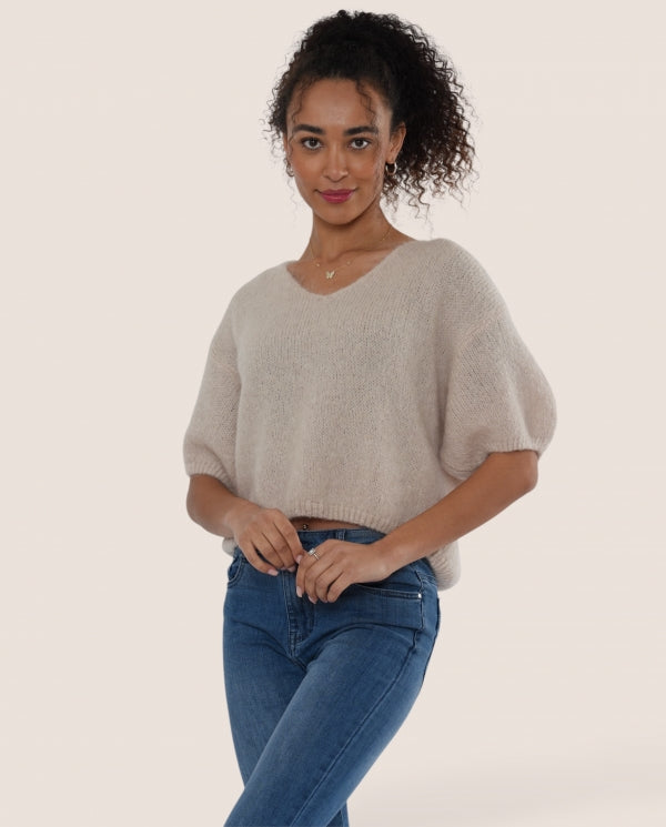Italian collection extra fluffy mohair v-neck jumper - Stone