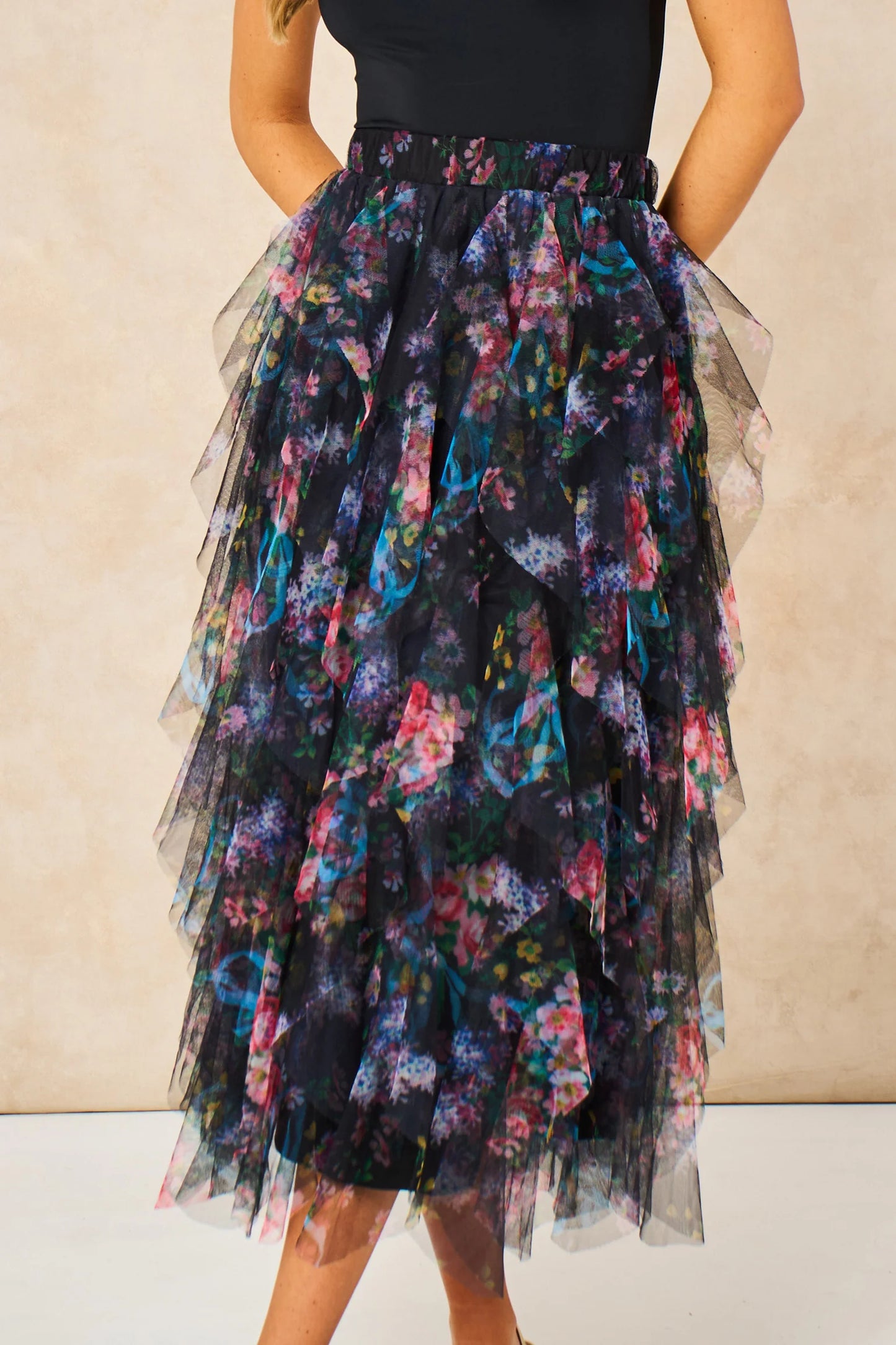 Miss short hair Layla Black Floral Layered Tulle Maxi Skirt
