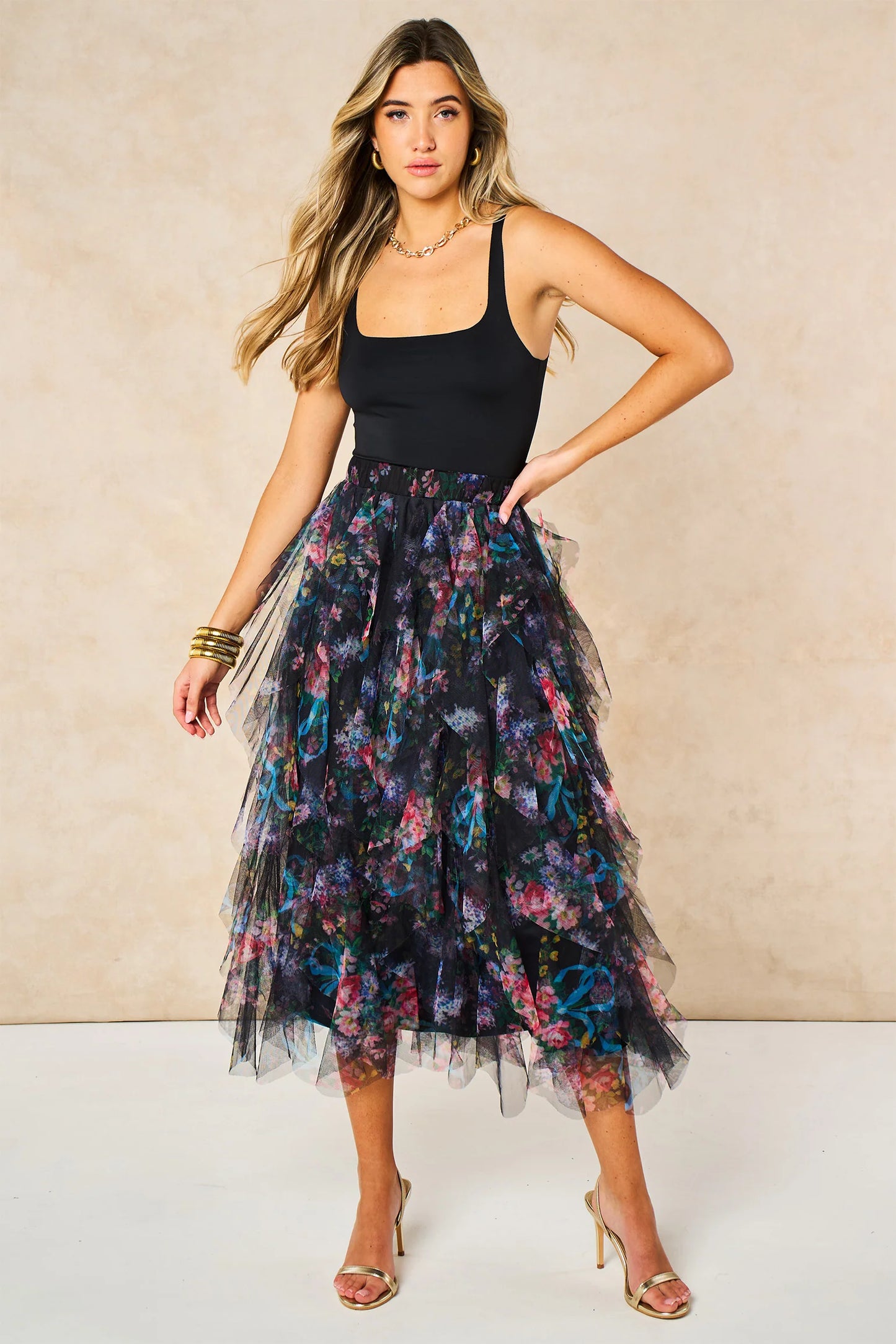 Miss short hair Layla Black Floral Layered Tulle Maxi Skirt