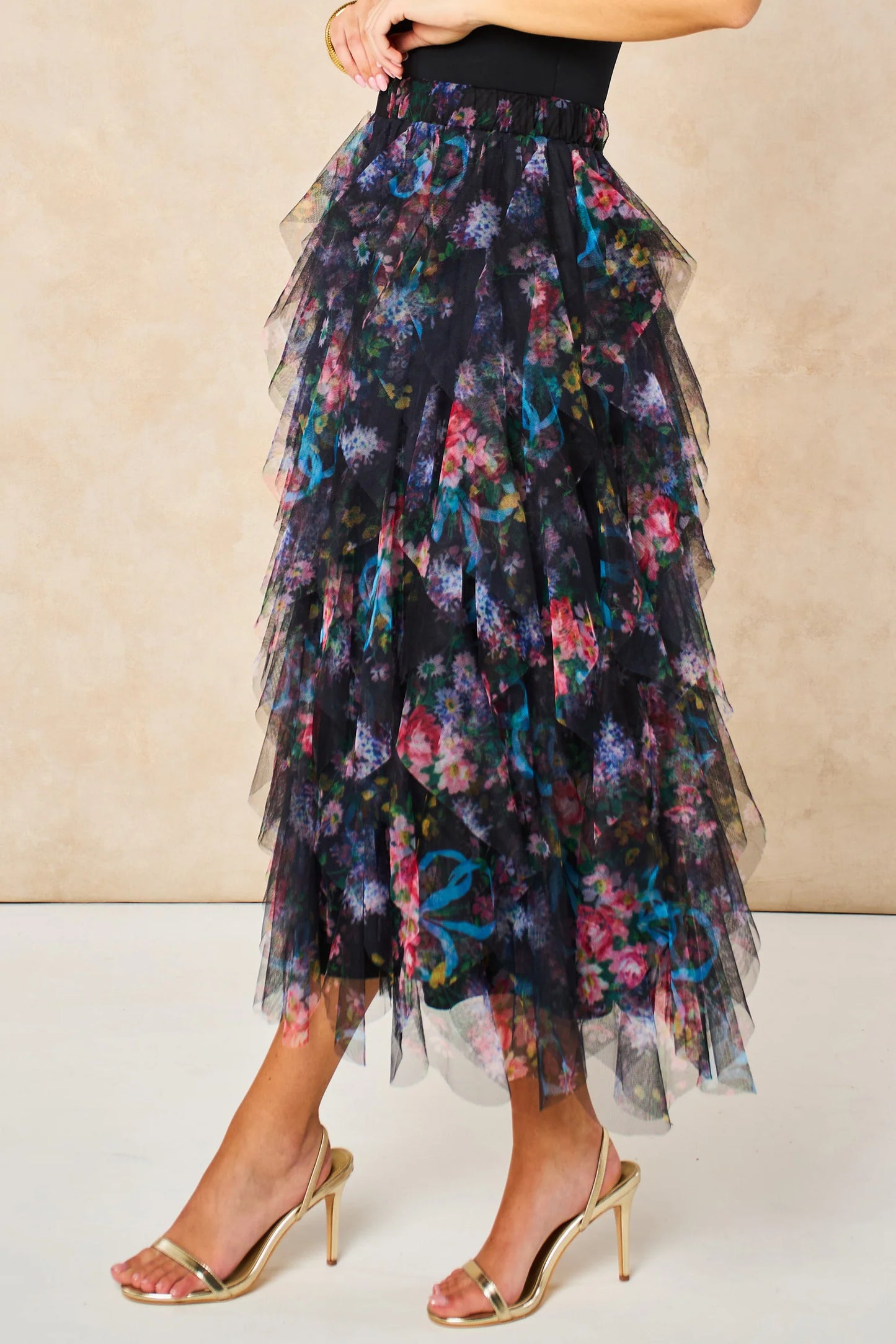 Miss short hair Layla Black Floral Layered Tulle Maxi Skirt