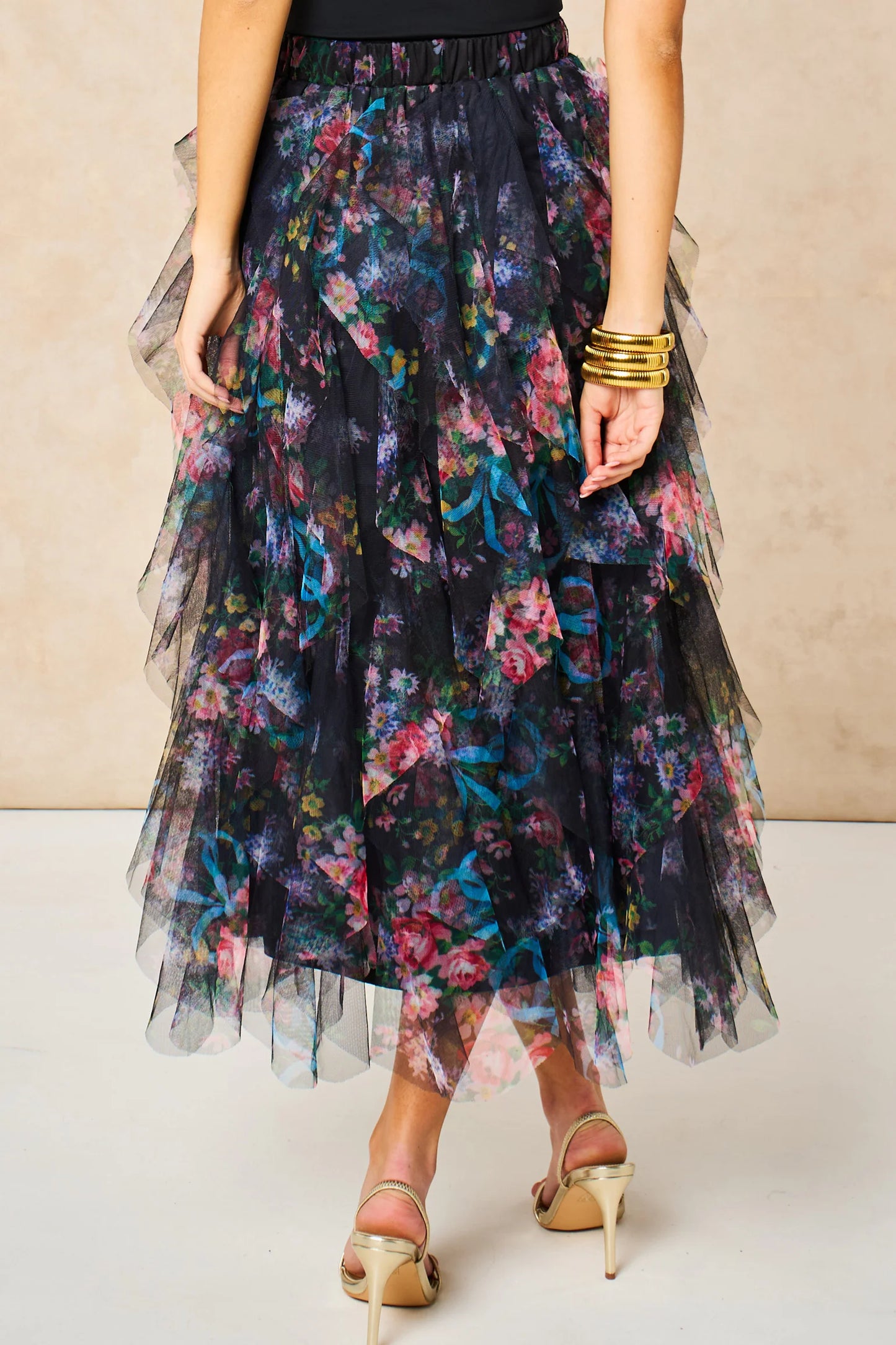 Miss short hair Layla Black Floral Layered Tulle Maxi Skirt