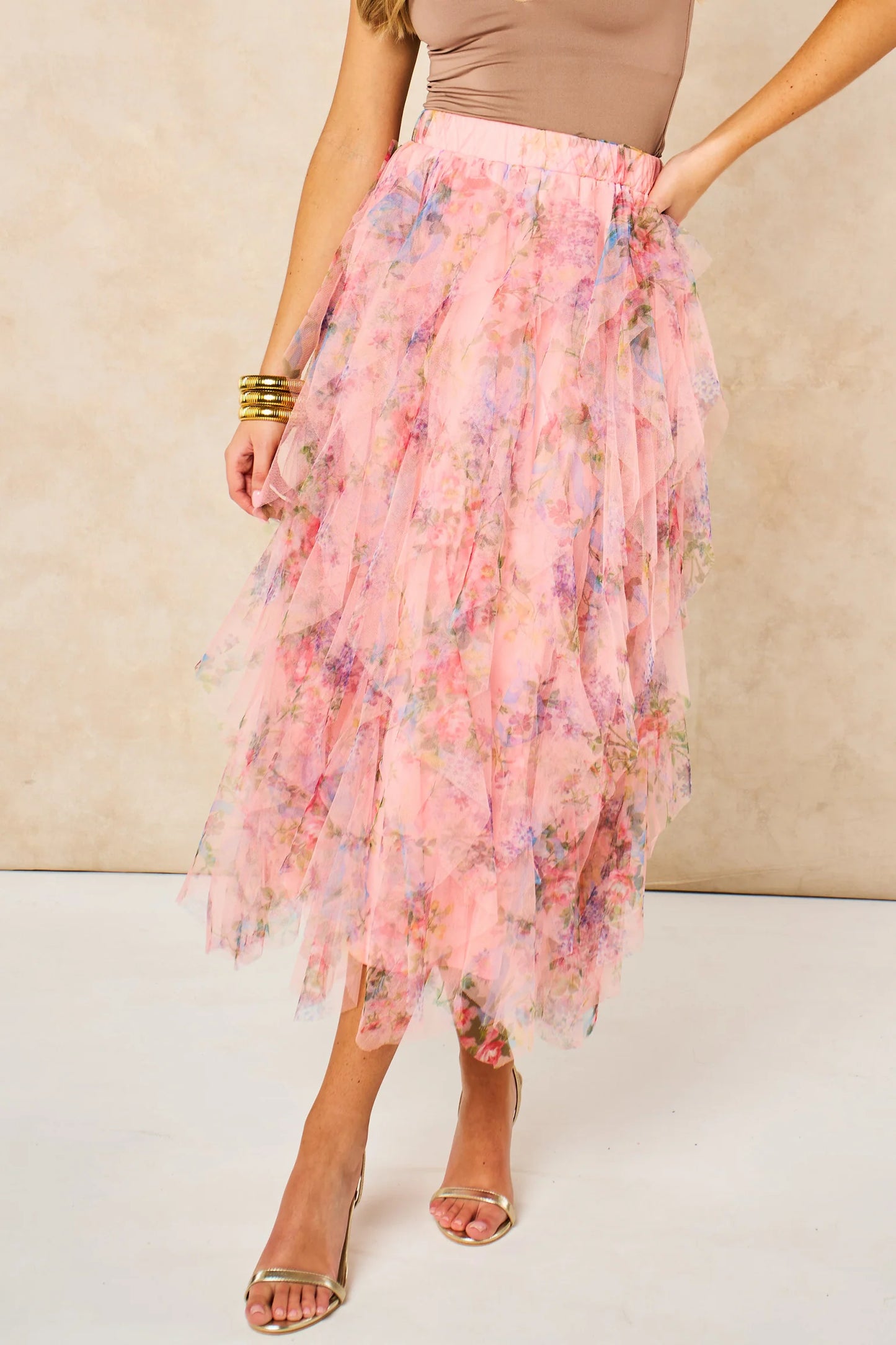Miss Short hair Layla Peach Pink Floral Layered Tulle Maxi Skirt