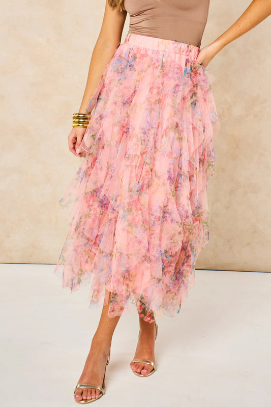 Miss Short hair Layla Peach Pink Floral Layered Tulle Maxi Skirt
