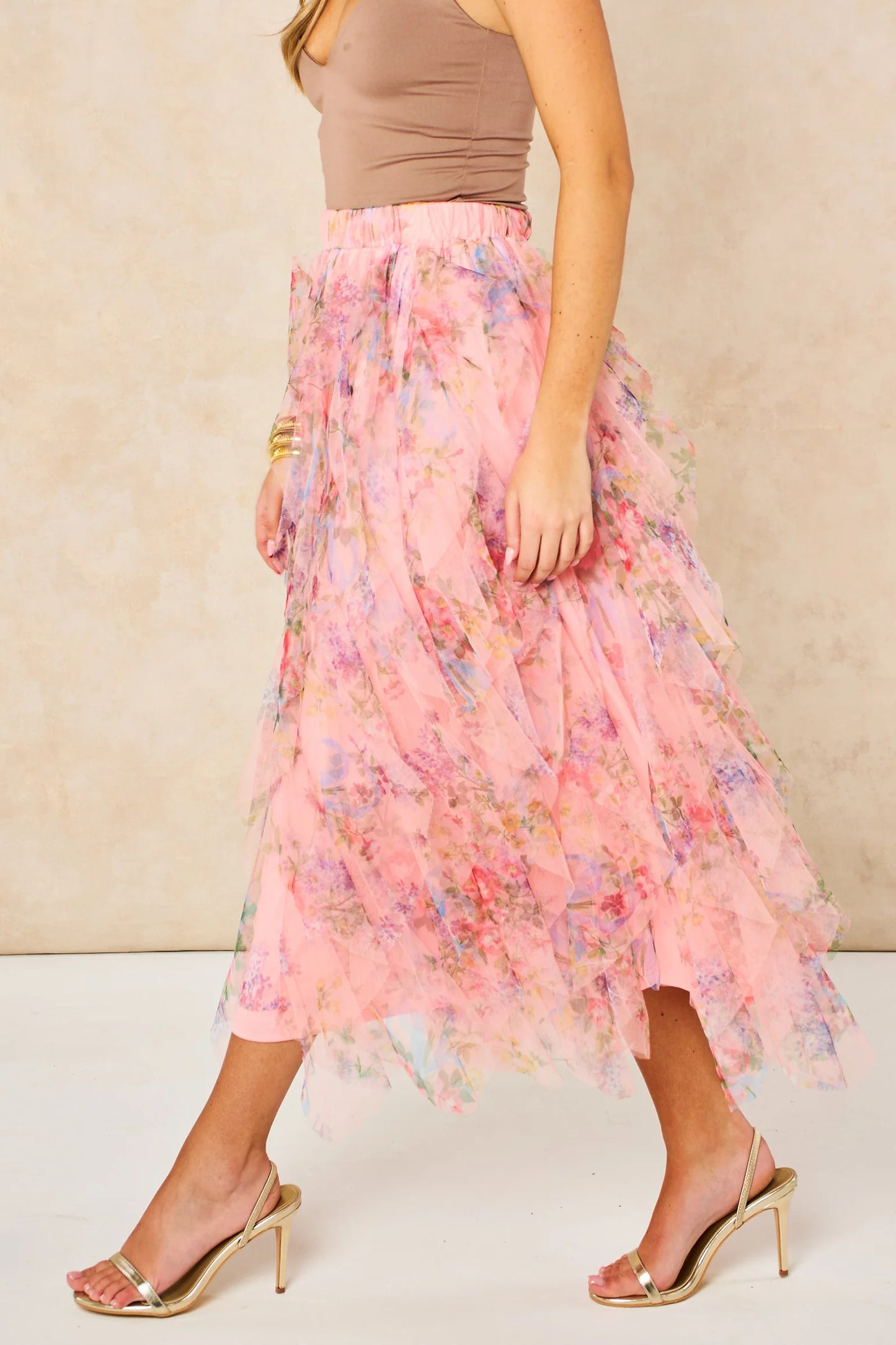 Miss Short hair Layla Peach Pink Floral Layered Tulle Maxi Skirt
