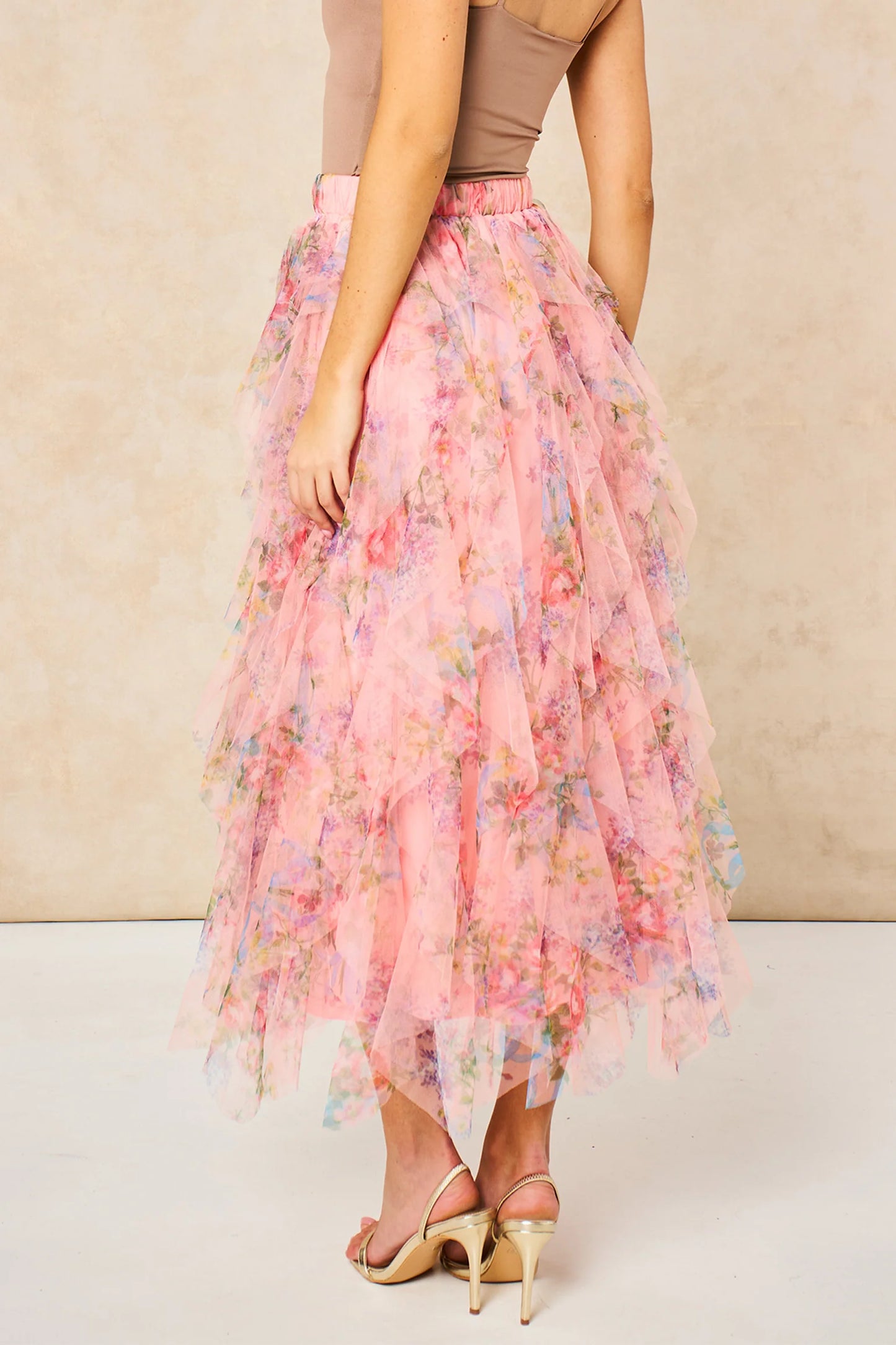 Miss Short hair Layla Peach Pink Floral Layered Tulle Maxi Skirt