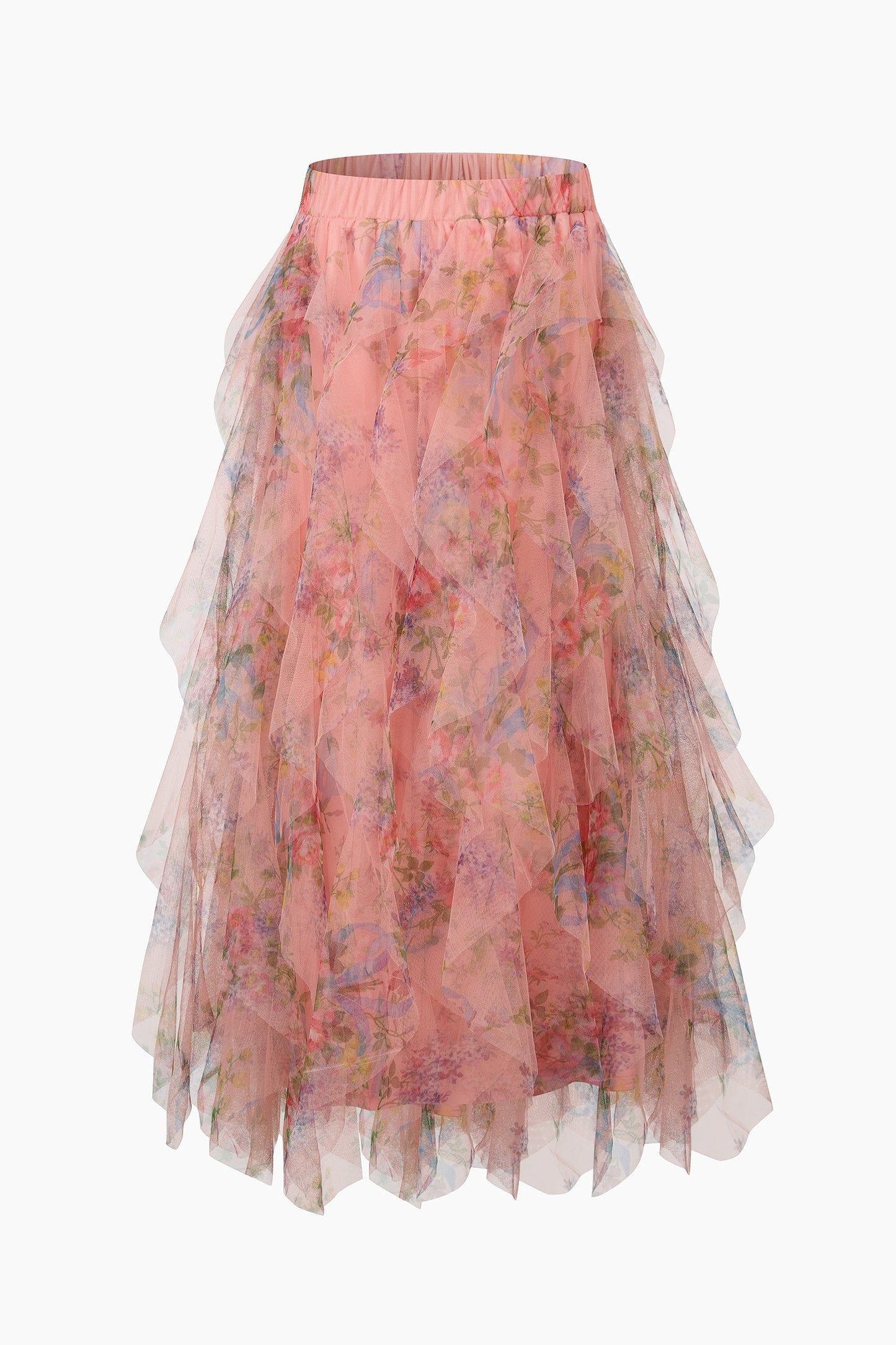 Miss Short hair Layla Peach Pink Floral Layered Tulle Maxi Skirt
