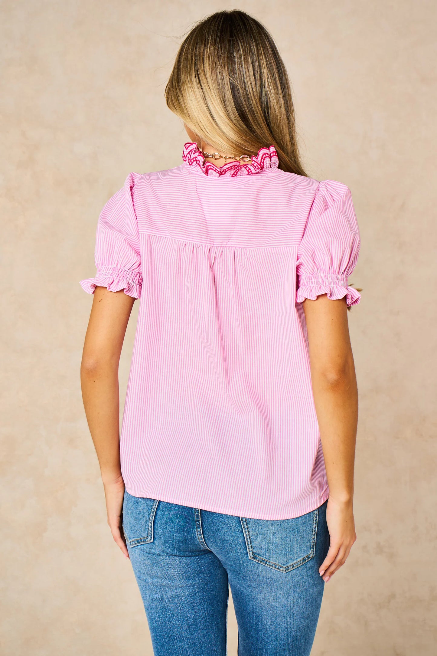 Miss Short hair Candy Stripe Short Sleeve Cotton Shirt in Pink