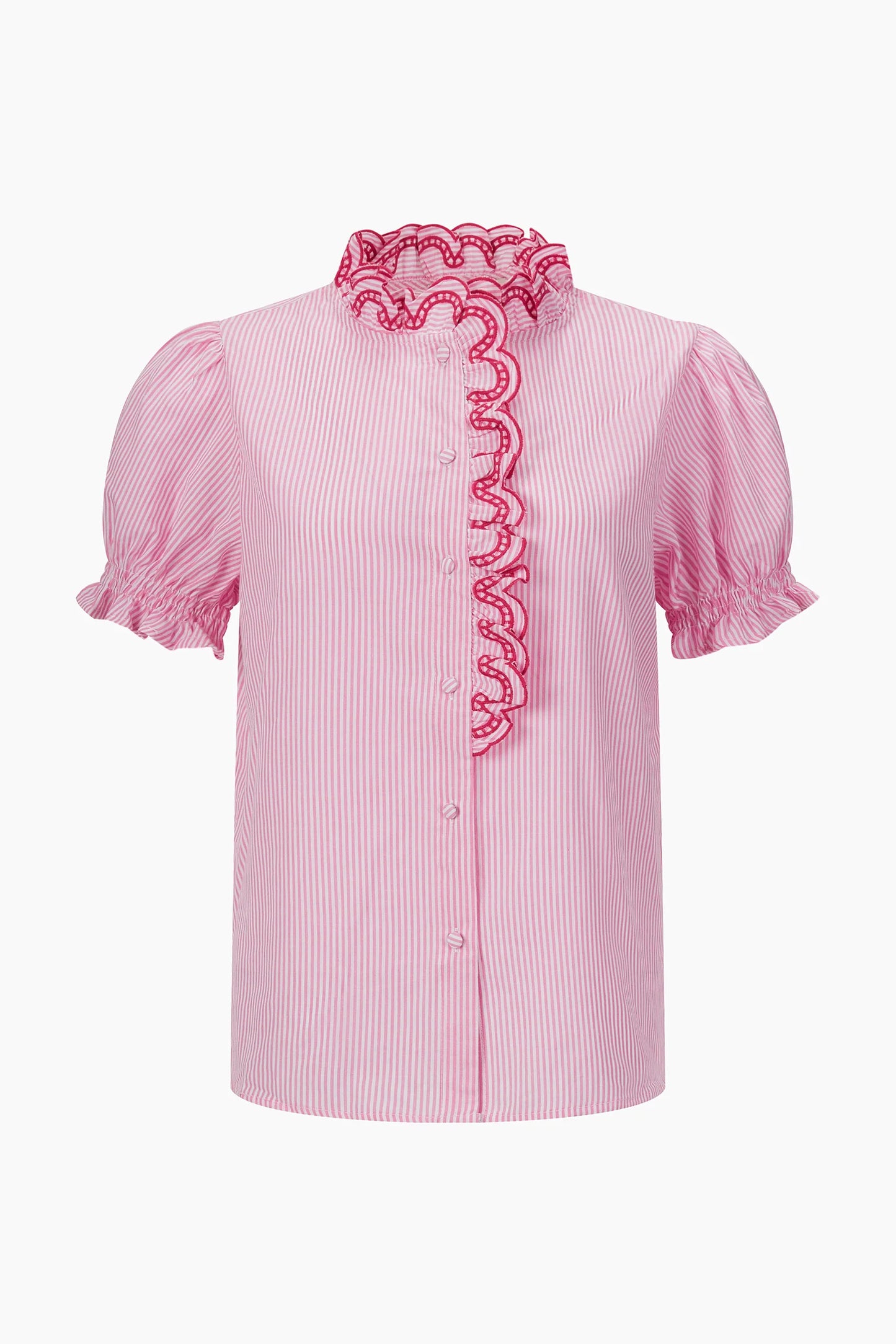 Miss Short hair Candy Stripe Short Sleeve Cotton Shirt in Pink