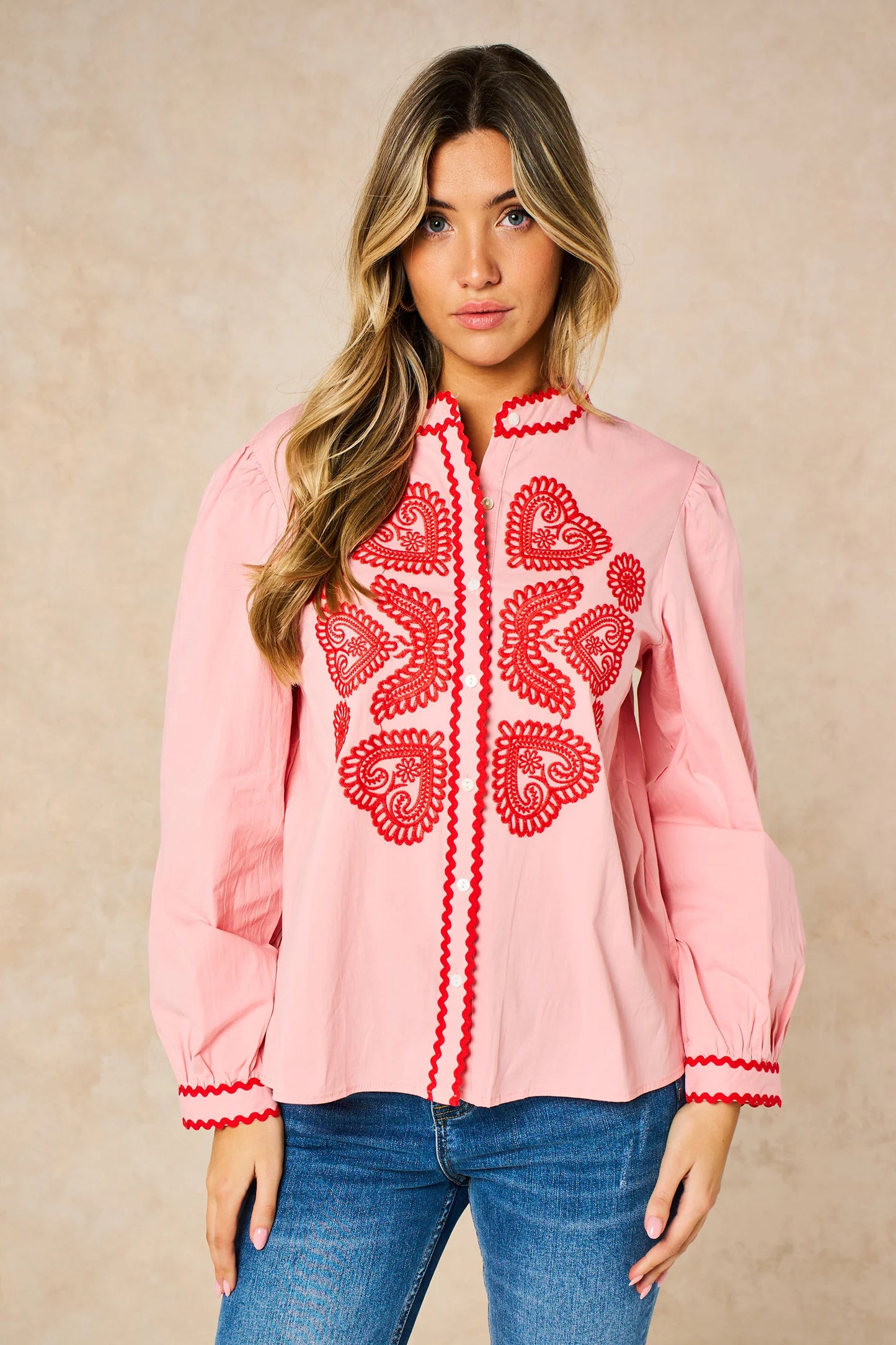 Miss Short hair Embroidered Hearts Long Sleeve Cotton Shirt in Pink