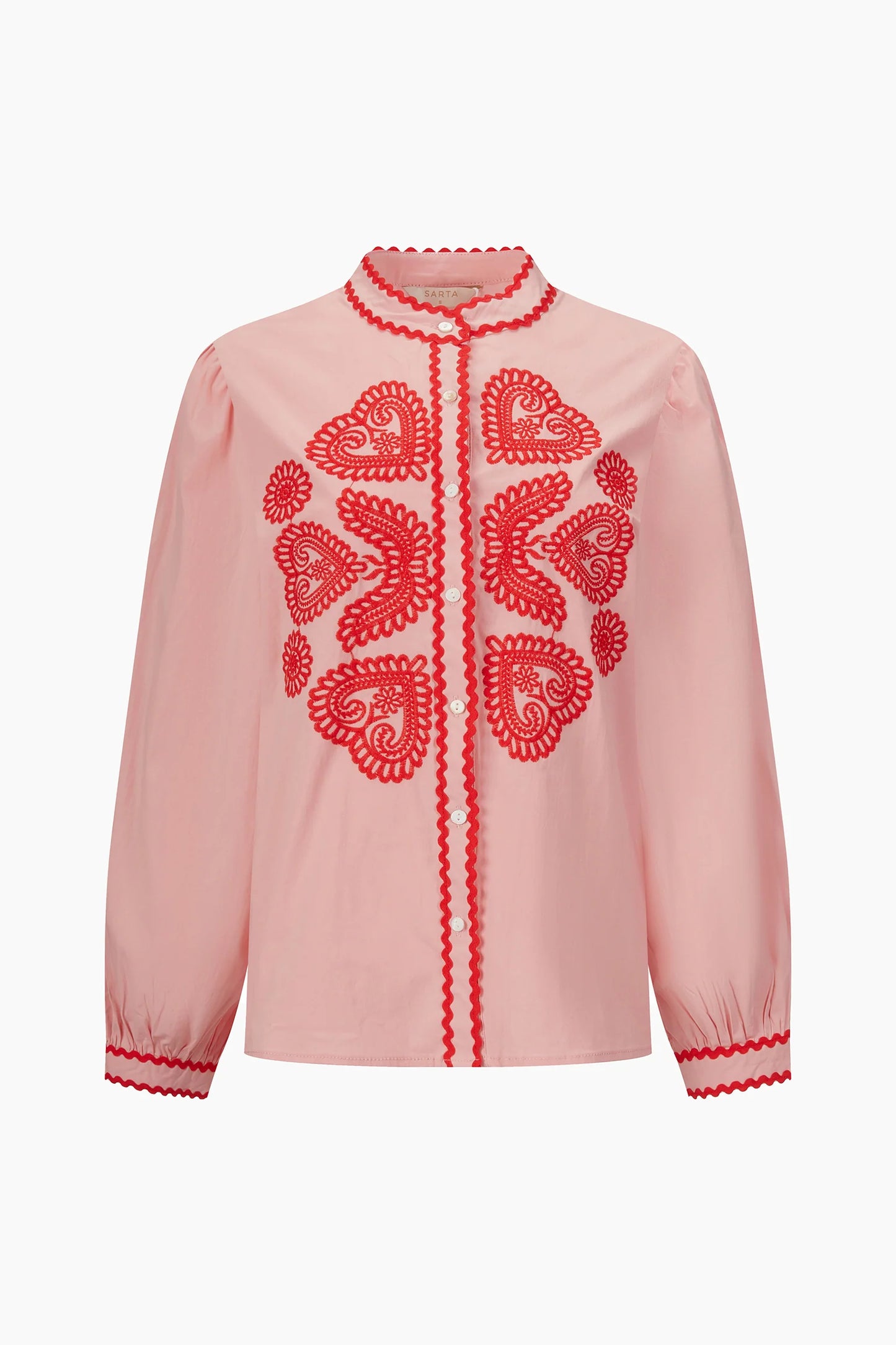 Miss Short hair Embroidered Hearts Long Sleeve Cotton Shirt in Pink