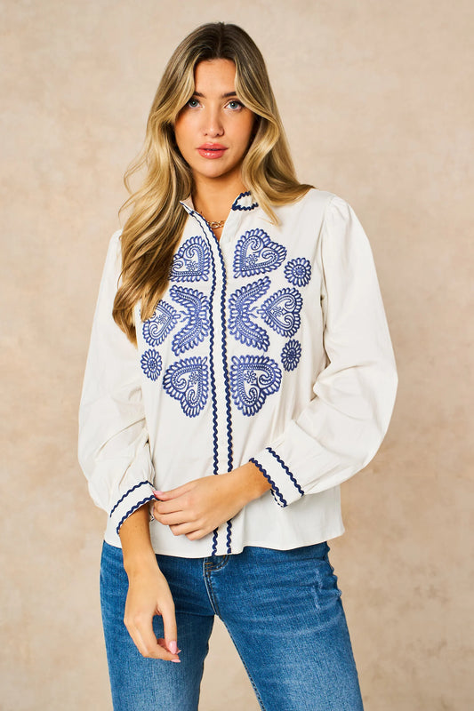 Miss Short hair Embroidered Hearts Long Sleeve Cotton Shirt in White