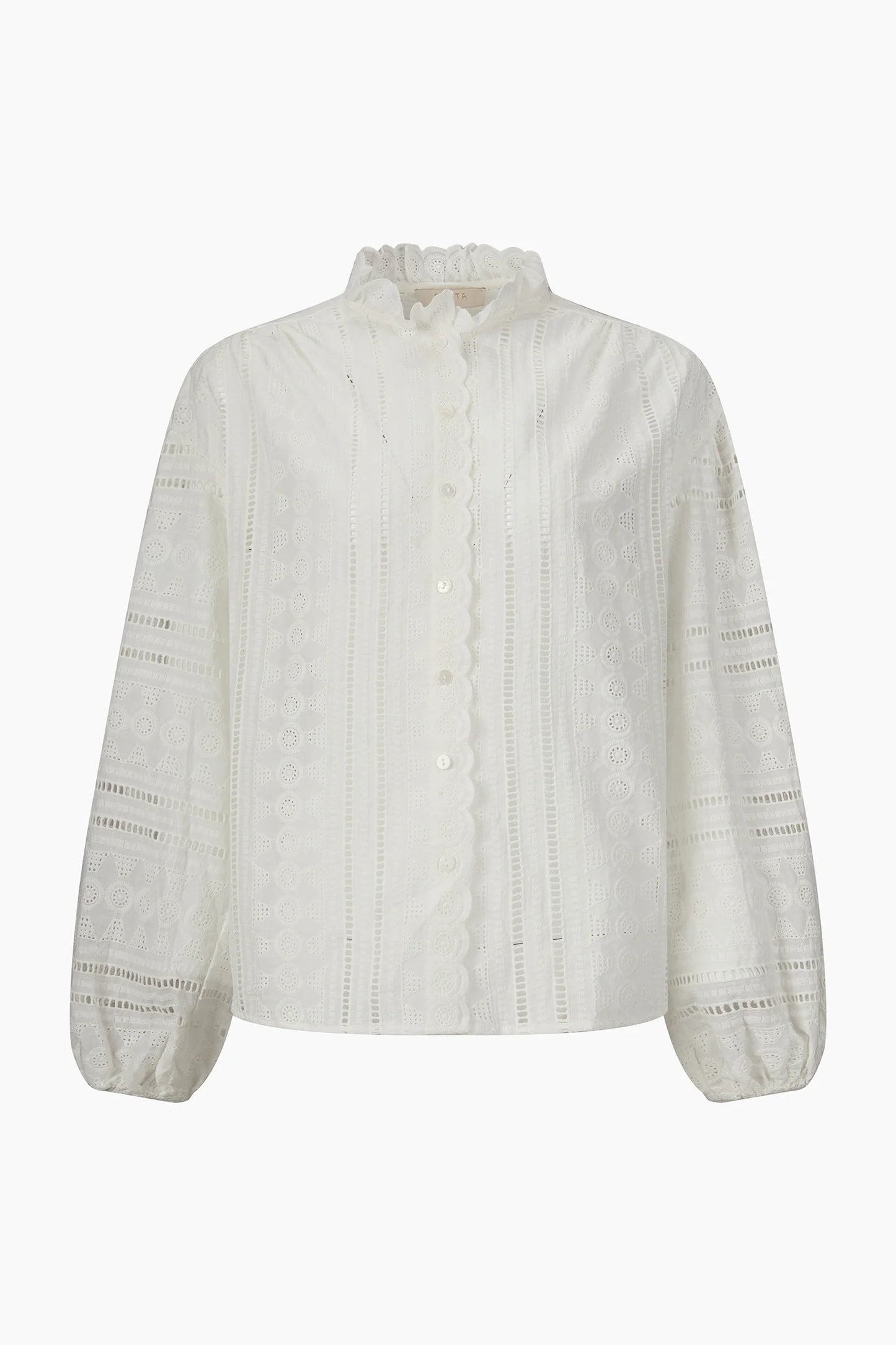 Miss short hair Embroidered Frilly Long Sleeve Cotton Shirt in White