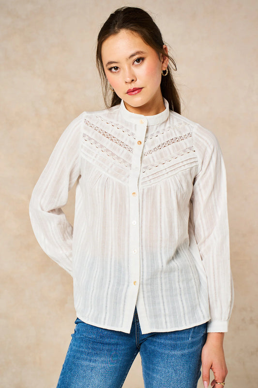 Miss Short hair Lace Stripe Long Sleeve Cotton Shirt in White