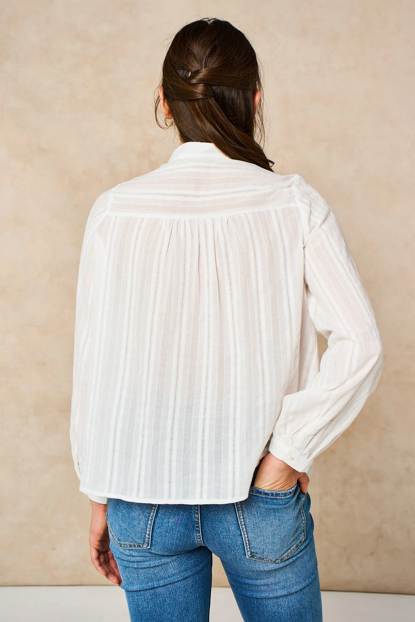 Miss Short hair Lace Stripe Long Sleeve Cotton Shirt in White