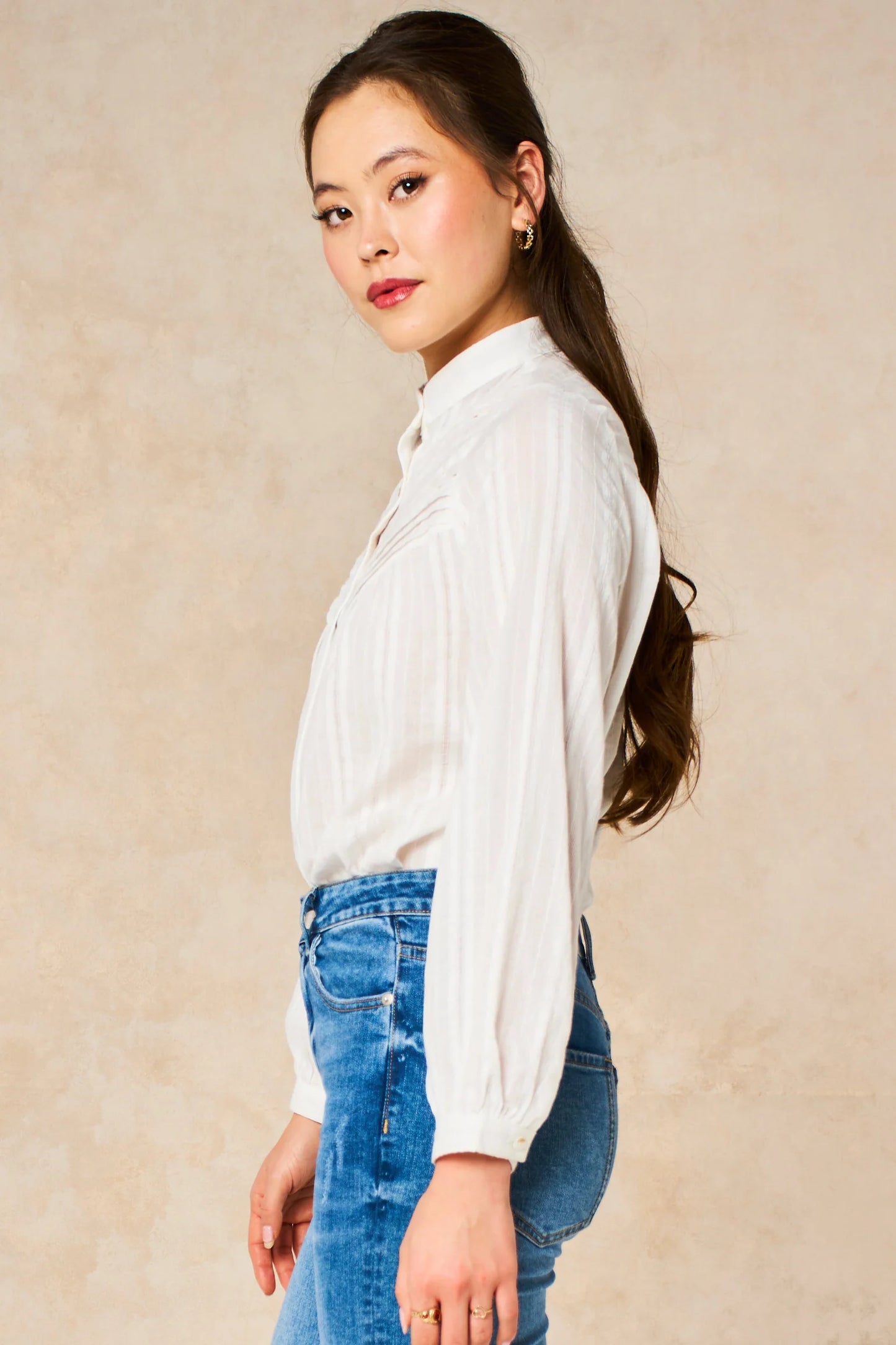 Miss Short hair Lace Stripe Long Sleeve Cotton Shirt in White