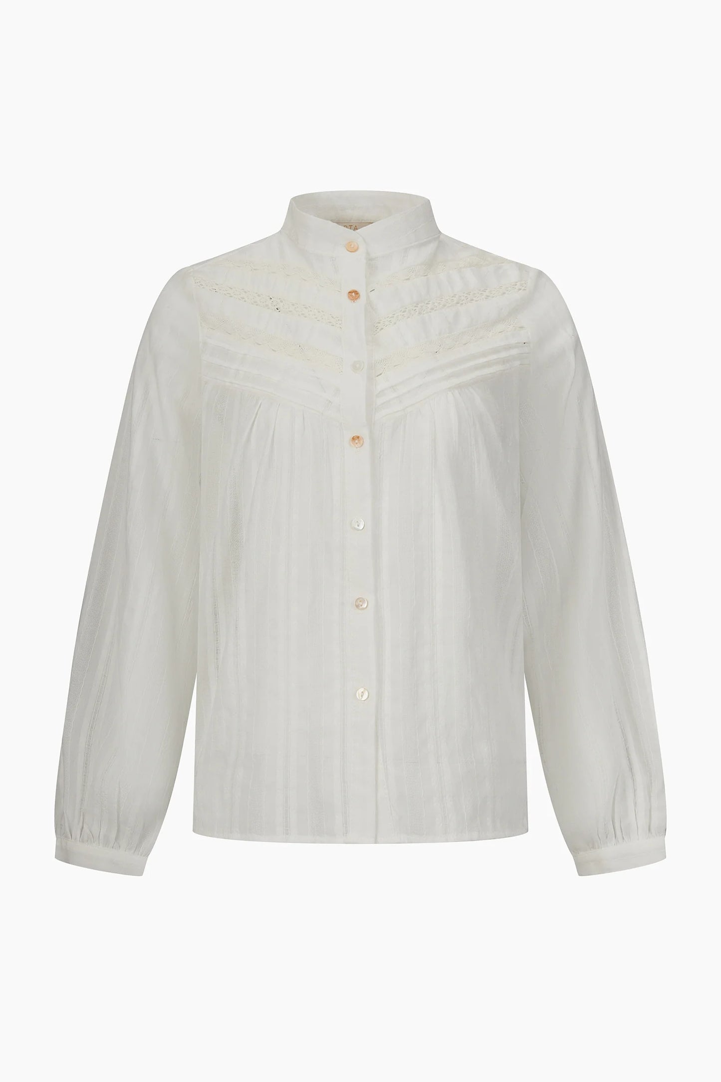 Miss Short hair Lace Stripe Long Sleeve Cotton Shirt in White
