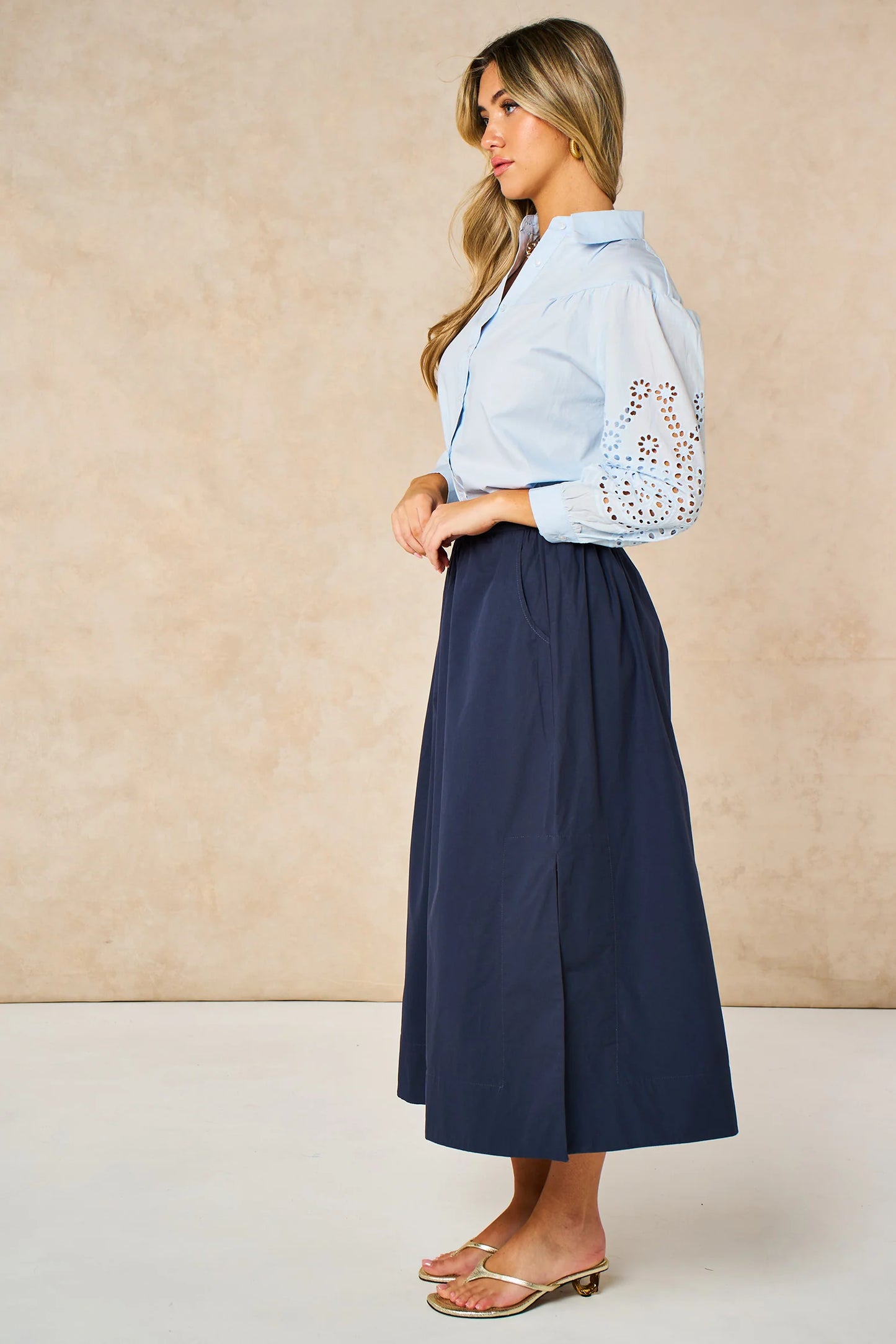 Miss Short hair Cotton Midaxi Skirt in Navy Blue