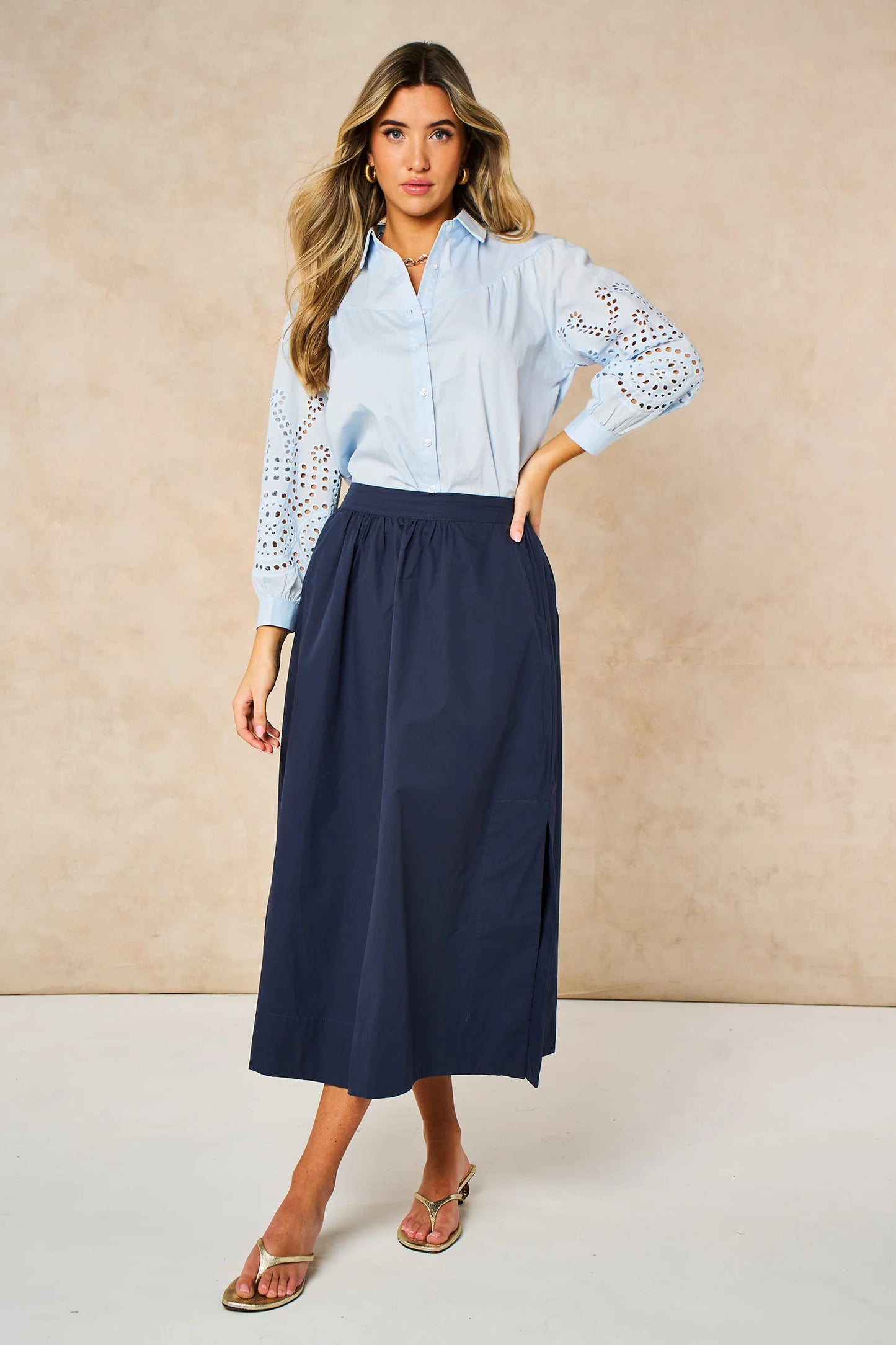 Miss Short hair Cotton Midaxi Skirt in Navy Blue