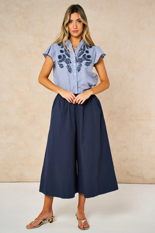 Miss short hair Cropped Wide Leg Cotton Trousers in Navy Blue