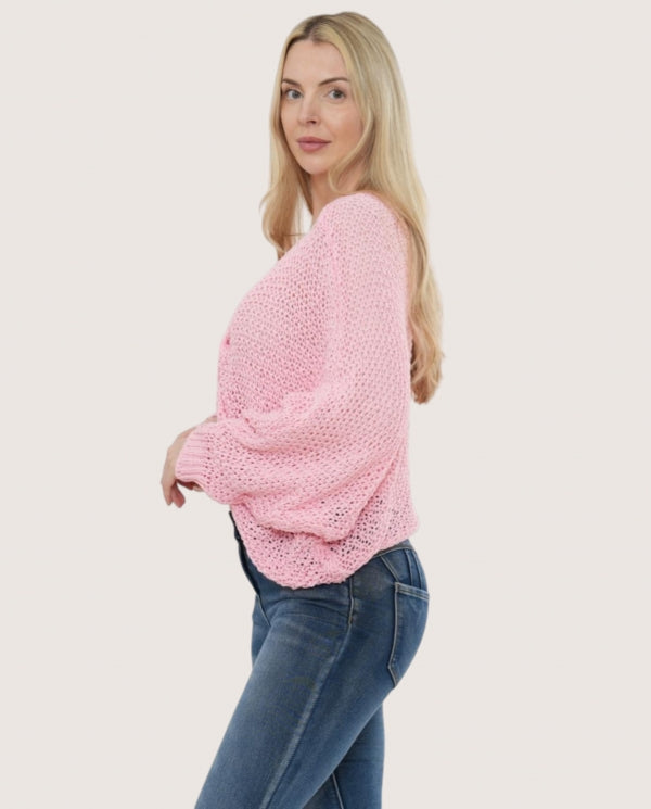 Italian collection open stitch gathered front batwing top - Pink