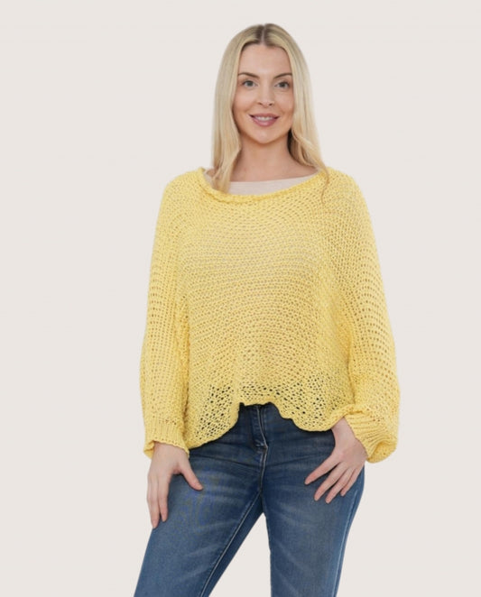 Italian collection open stitch gathered front batwing top - yellow