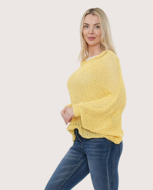 Italian collection open stitch gathered front batwing top - yellow