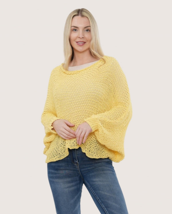 Italian collection open stitch gathered front batwing top - yellow