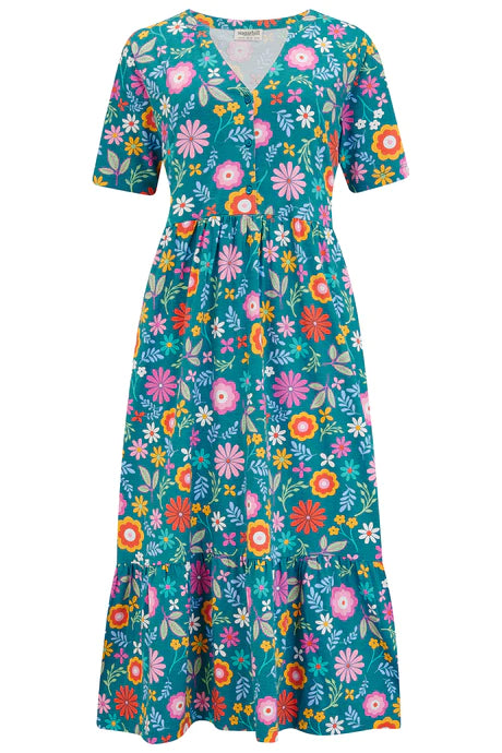 Sugarhill Heather jersey midi smock dress - Teal folk floral