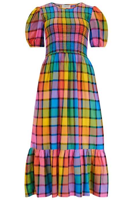 Sugarhill Yolanda midi shirred dress - Multi summer rainbow check