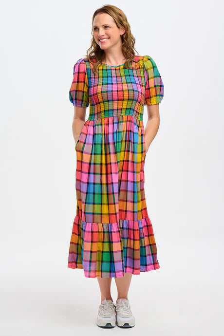 Sugarhill Yolanda midi shirred dress - Multi summer rainbow check