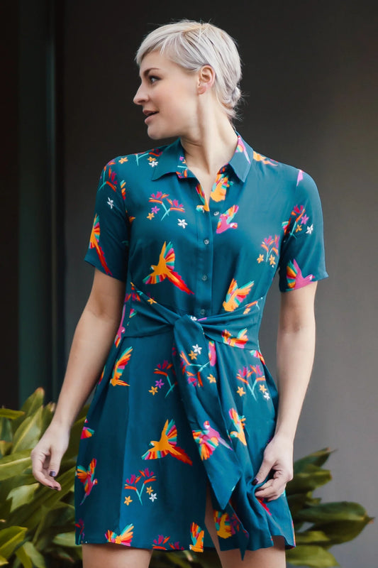 Sugarhill dessie shirt dress - Teal rainbow parrots