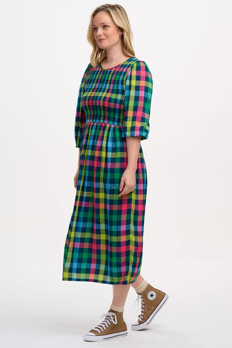 Sugarhill Ursula shirred midi dress - midnight gingham