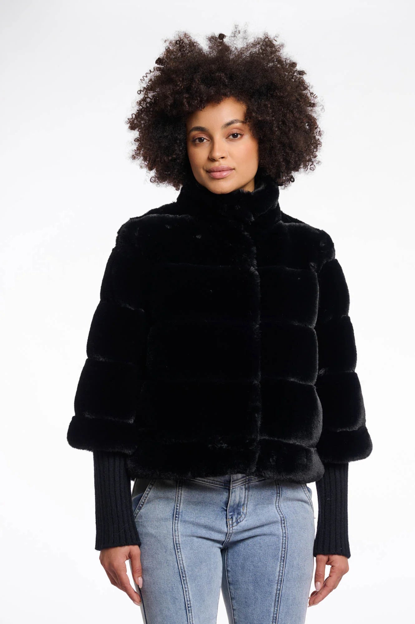 Rino & Pelle Feline Faux fur jacket with knitted sleeves black