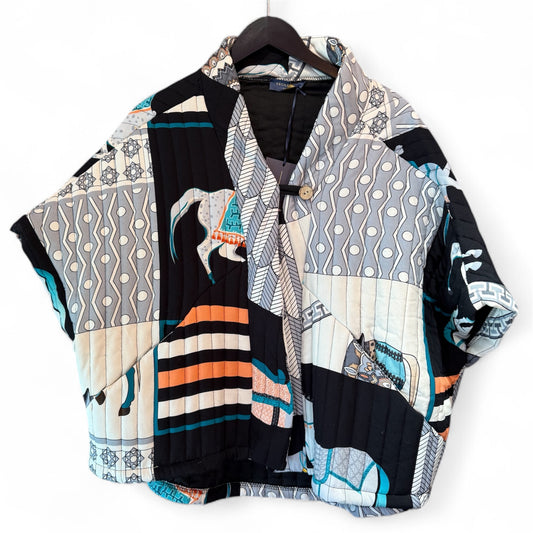 Cecile Wang Black Quilted Kimono Horse Print Jacket