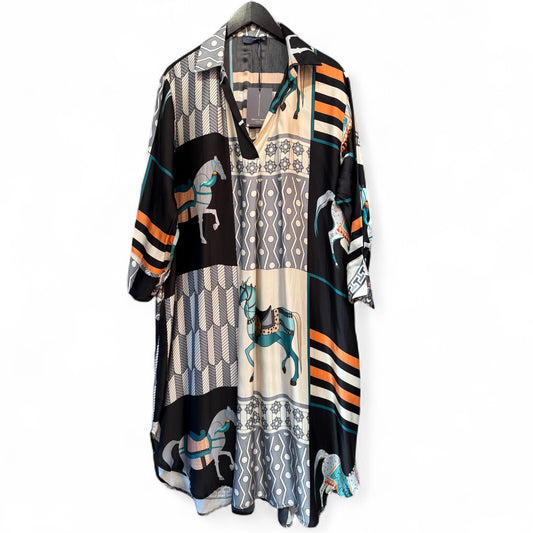Cecile Wang Black ‘Hermes’ Style Long Sleeve Horse Dress